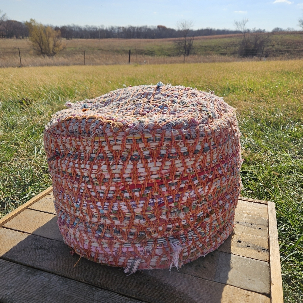 Colorful Woven Pouf cotton braided chindi pouf ottoman. Boho